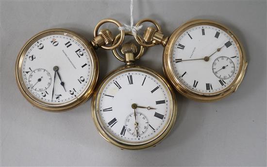 Three assorted gold plated pocket watches, including Waltham and Record Dreadnought.